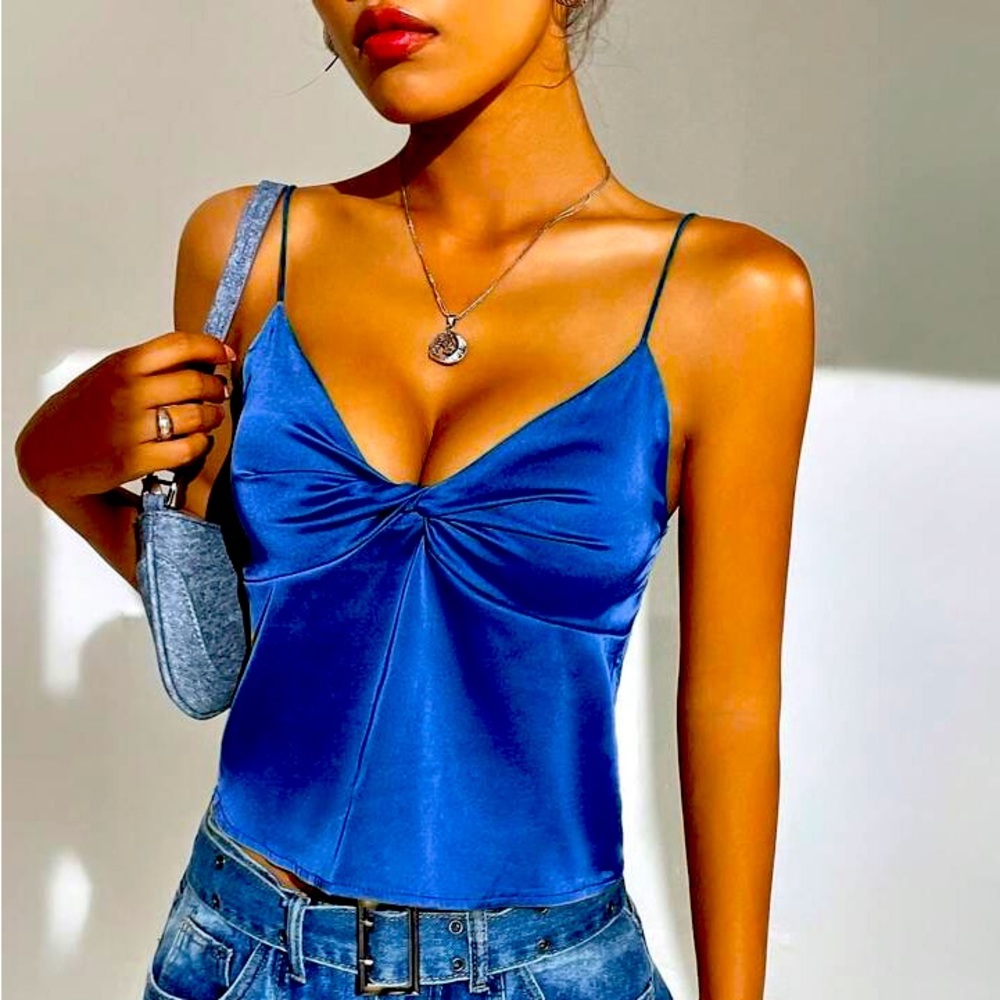EZ WEAR TWIST FRONT SATIN CAMI TOP IN BLUE!